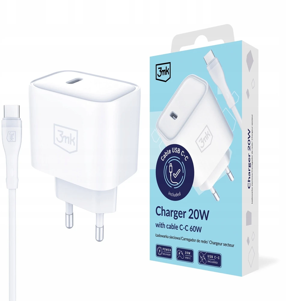 3Mk Protection 3mk Rayo Charger 20W PD3.0 PPS USB-C Wall Charger + USB-C / USB-C 3A 60W Cable - Baltas