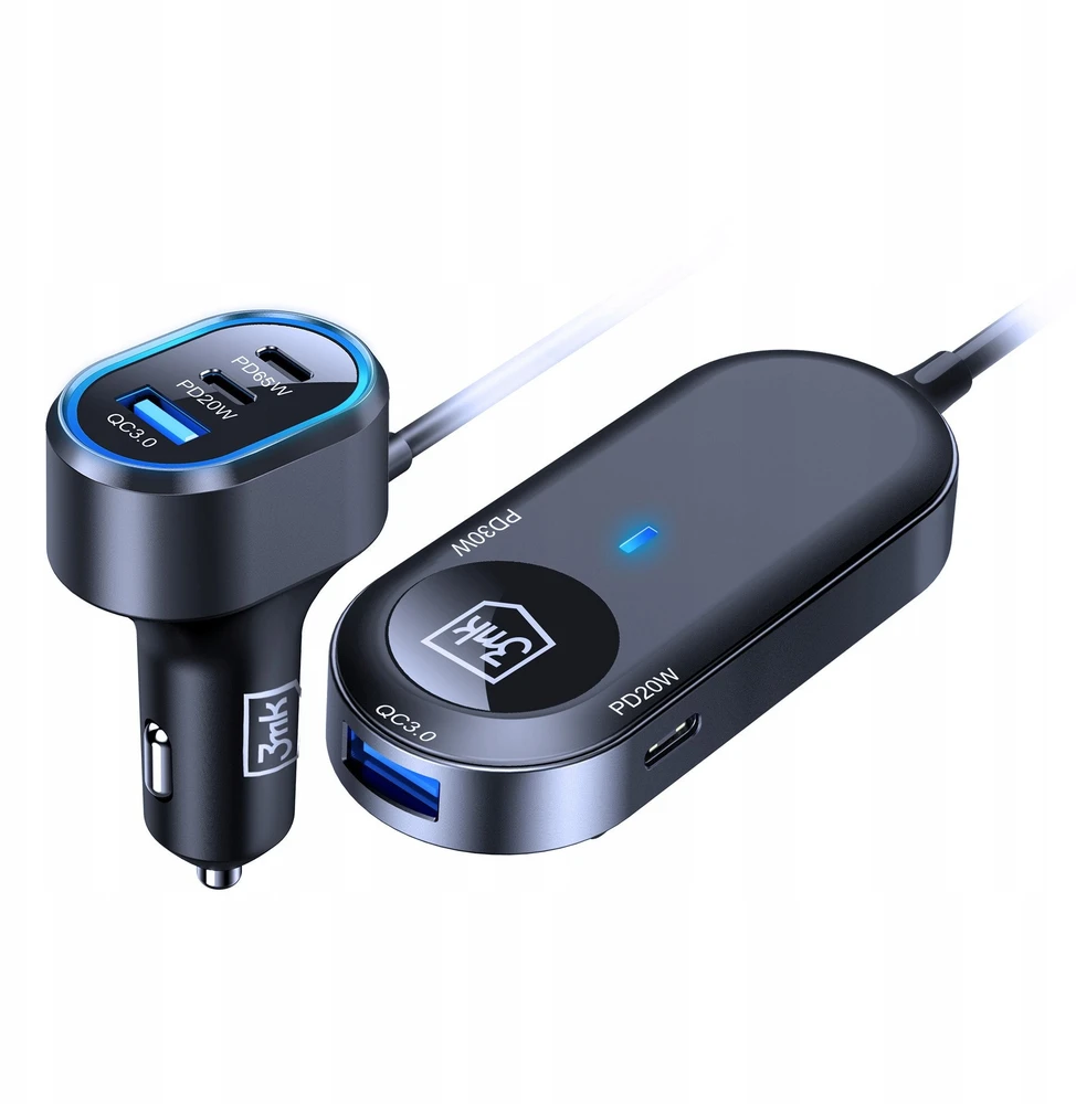 3Mk apsaugos priedai - 3mk dvigubas automobilinis įkroviklis 135W PD QC PPS USB 2A4C Juodas/Pilkas