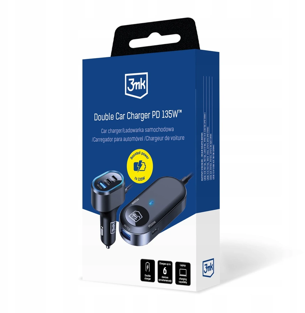 3Mk apsaugos priedai - 3mk dvigubas automobilinis įkroviklis 135W PD QC PPS USB 2A4C Juodas/Pilkas