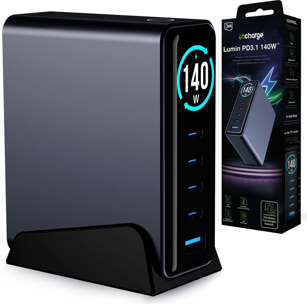 3mk InCharge Desktop Charger Lumin PD3.2 140W QC5PPS AFC FCP SCP 1A4C TFT GaN3 Ekranas juoda
