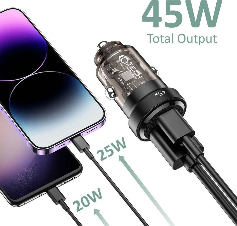 Automobilinis įkroviklis 45W USB-C PD + QC3.0 USB Tech-Protect CC45W juodos spalvos