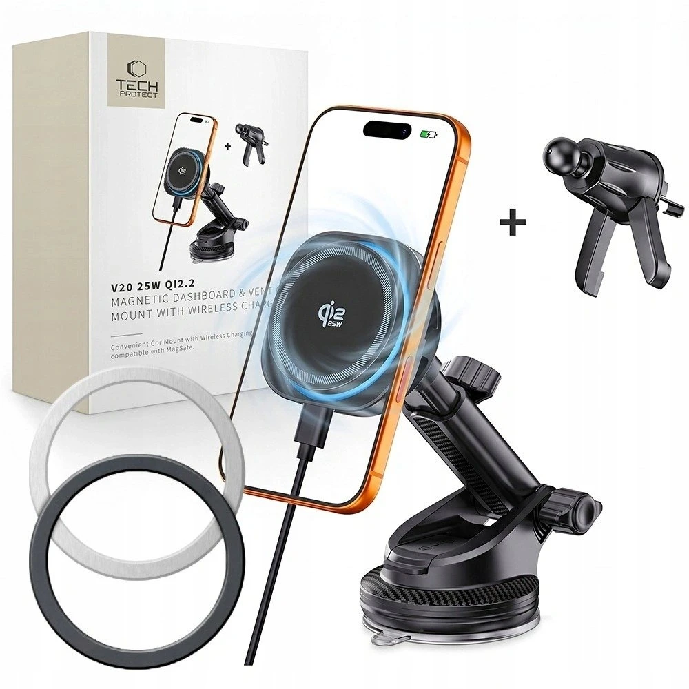 TECH-PROTECT V20 ARCTICBOOST MAGNETINIS MAGSAFE AUTOMOBILINIS LAIKIKLIS ANT PRIETAISŲ SKYDELIO IR ORO IŠPUČIŲ SU BELAIDŽIU ĮKROVIKLIU 25W QI2.2 Juodas