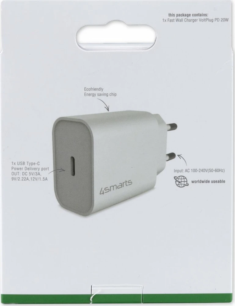 4Smarts sieninis įkroviklis (be laido) VoltPlug PD 20W, baltas