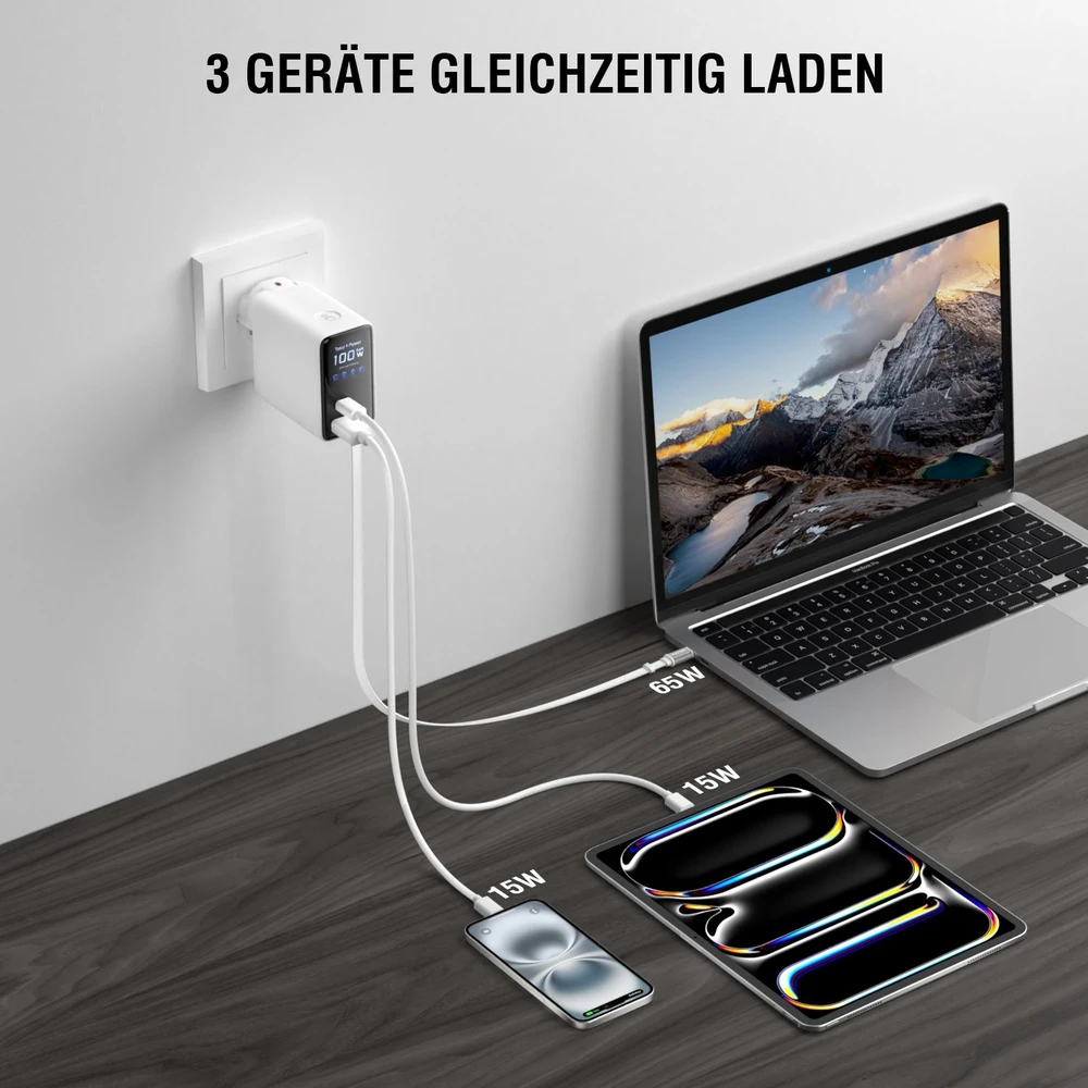 Įkroviklis 4smarts Sieciowa GaN Flex Screen AI 100W 2× USB-C + 1× USB-A Travel Edition balta