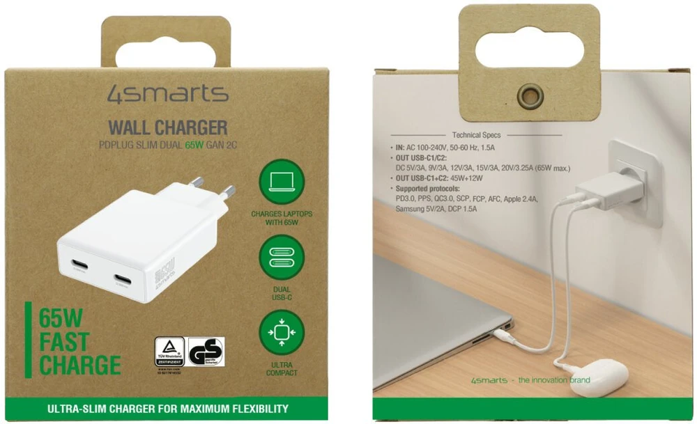 Laidinis įkroviklis 4smarts PDPlug Slim Dual 65W GaN 2xUSB-C baltos spalvos
