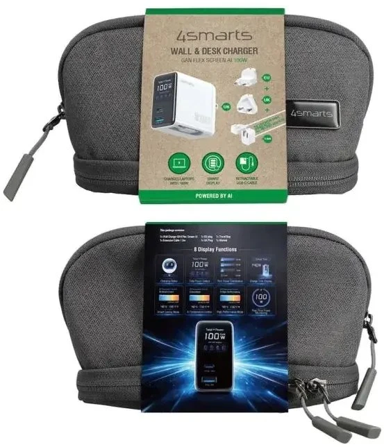 Įkroviklis 4smarts Sieciowa GaN Flex Screen AI 100W 2× USB-C + 1× USB-A Travel Edition balta