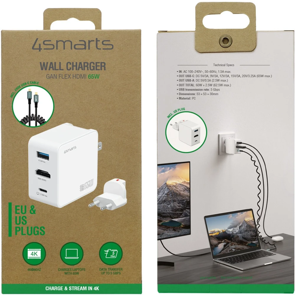 Įkroviklis podróży 4smarts Flex adapterHub 65W GaN USB-C/USB-A/HDMI balta