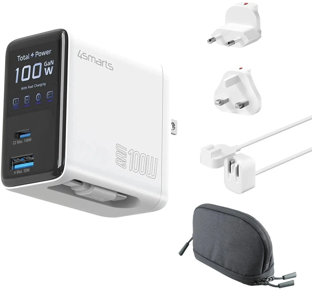 Įkroviklis 4smarts Sieciowa GaN Flex Screen AI 100W 2× USB-C + 1× USB-A Travel Edition balta