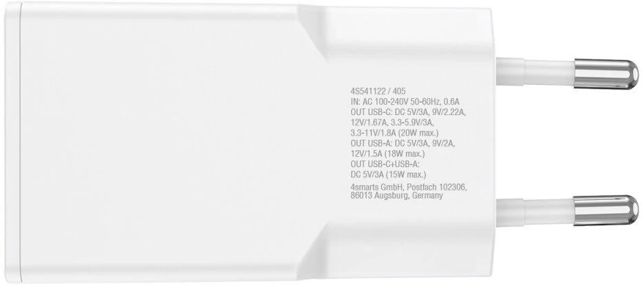 Sieninis įkroviklis 4smarts PDPlug Slim Duos 20W GaN USB-C+USB-A + USB-C kabelis 1.5m baltos spalvos