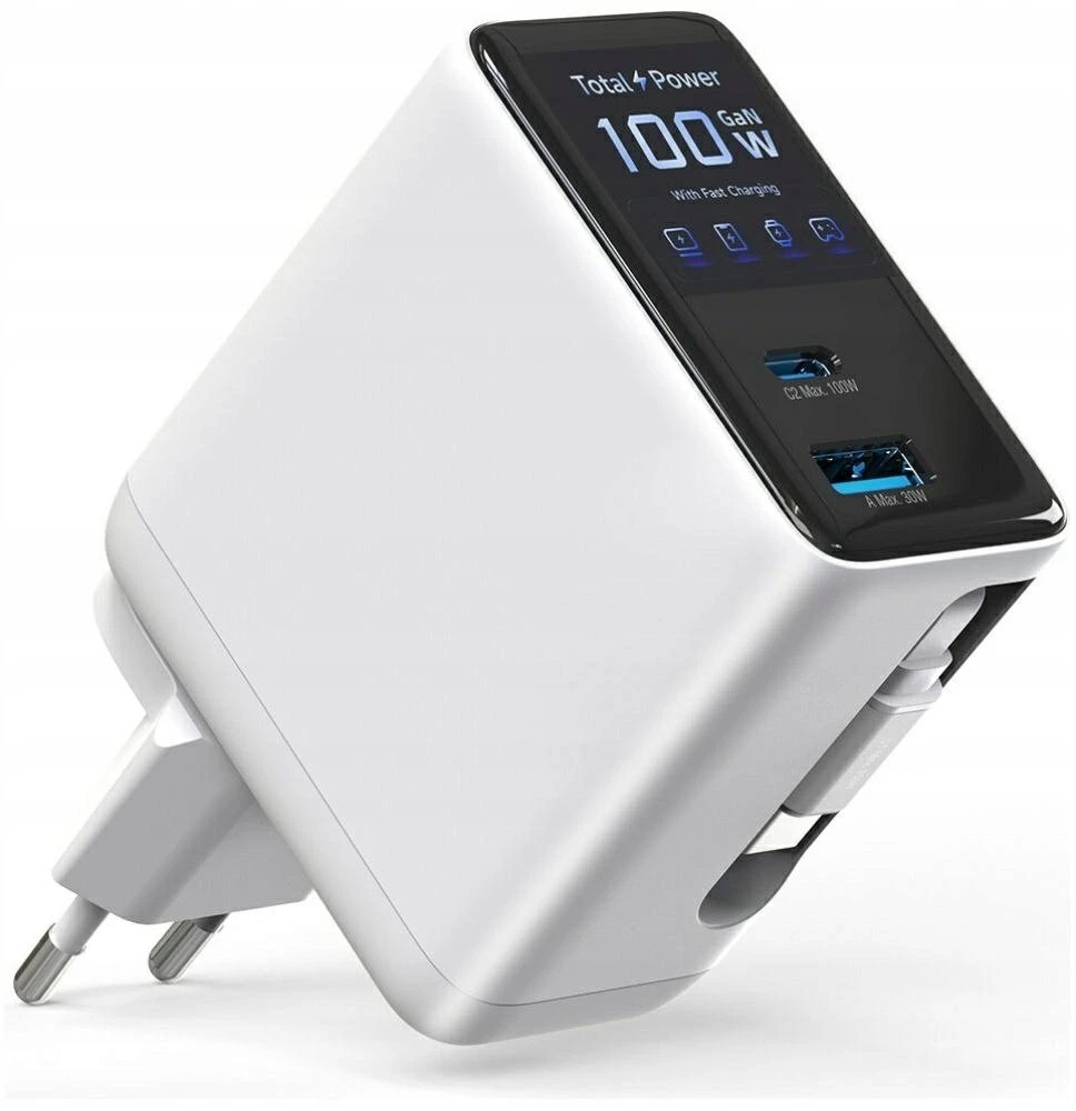 Įkroviklis jungiama į tinklą 4smarts GaN Flex Screen AI 100W 2xUSB-C + USB-A balta
