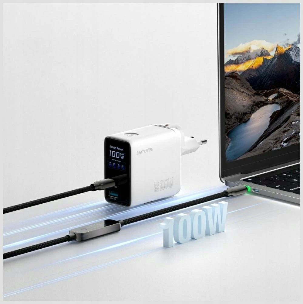 Įkroviklis jungiama į tinklą 4smarts GaN Flex Screen AI 100W 2xUSB-C + USB-A balta