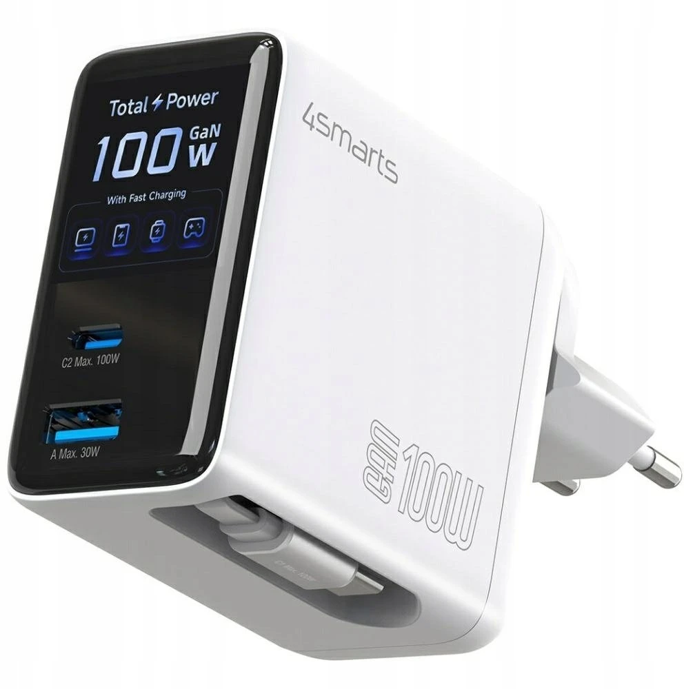 Įkroviklis jungiama į tinklą 4smarts GaN Flex Screen AI 100W 2xUSB-C + USB-A balta