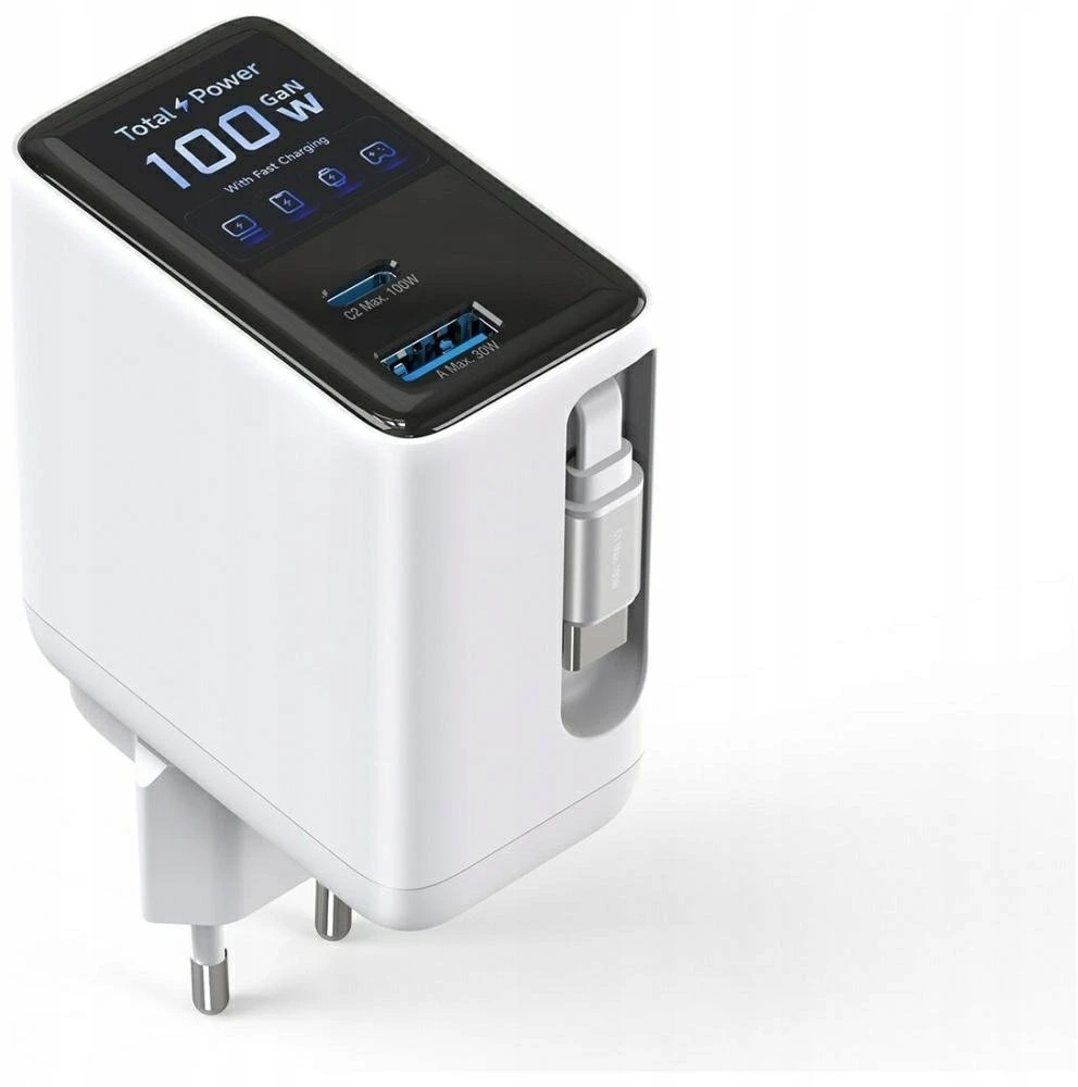Įkroviklis jungiama į tinklą 4smarts GaN Flex Screen AI 100W 2xUSB-C + USB-A balta