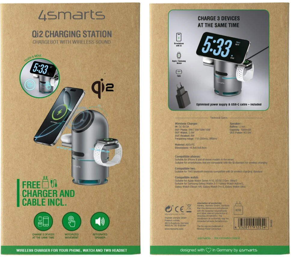 4smarts ChargeBot Sound Qi2 įkrovimo stotelė, pilka