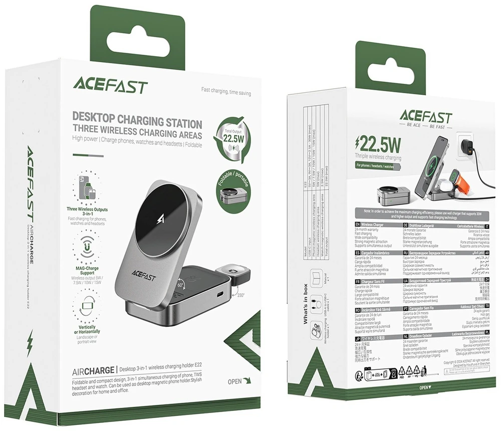 Acefast E22 3 viename belaidė indukcinė įkrovimo stotelė, suderinama su „MagSafe“ – pilka