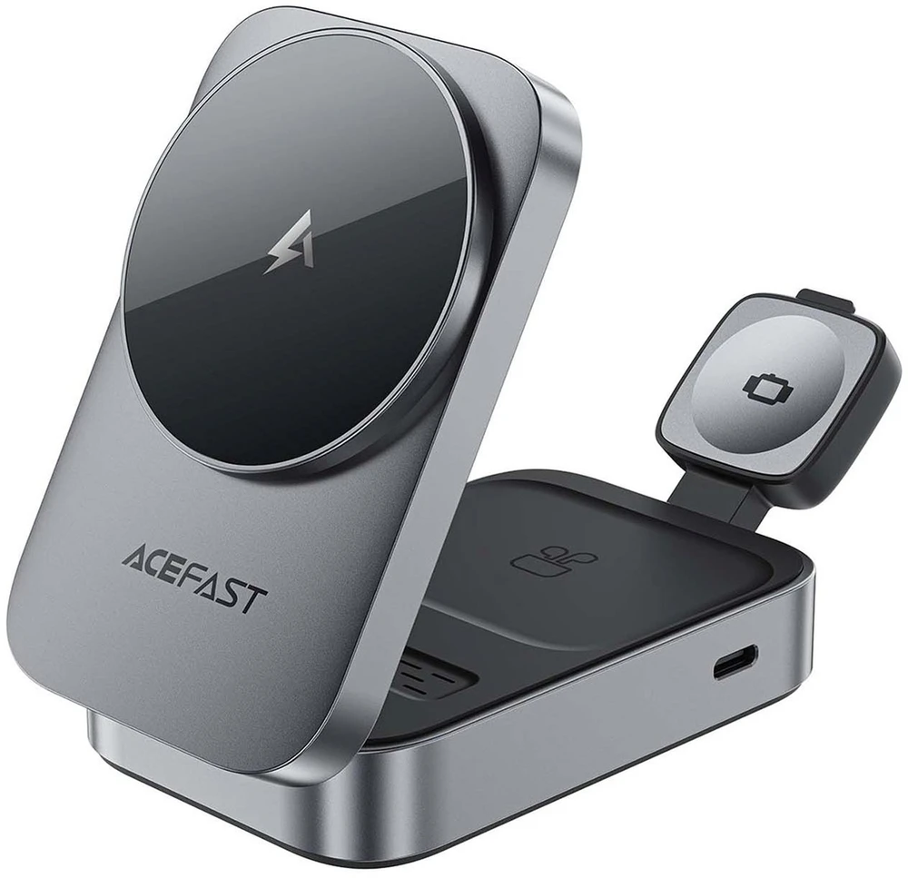 Acefast E22 3 viename belaidė indukcinė įkrovimo stotelė, suderinama su „MagSafe“ – pilka