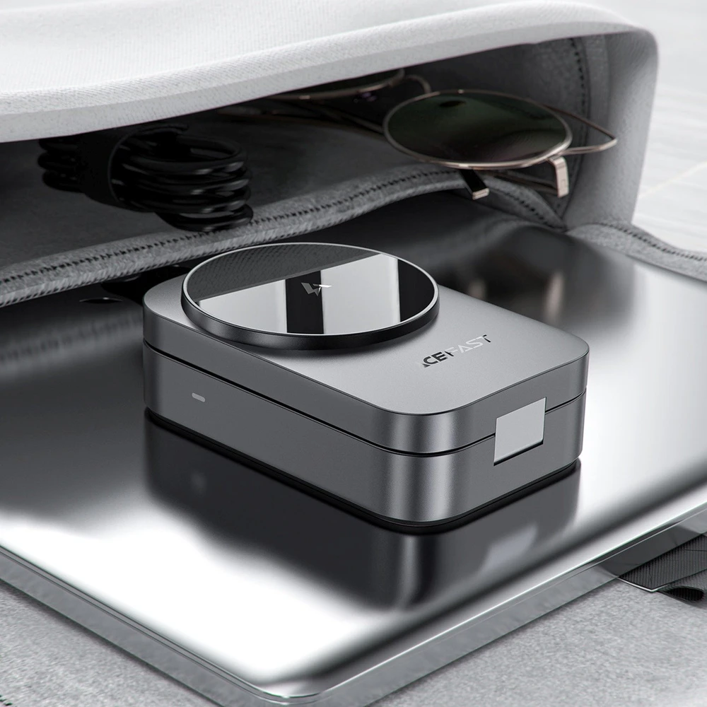 Acefast E22 3 viename belaidė indukcinė įkrovimo stotelė, suderinama su „MagSafe“ – pilka