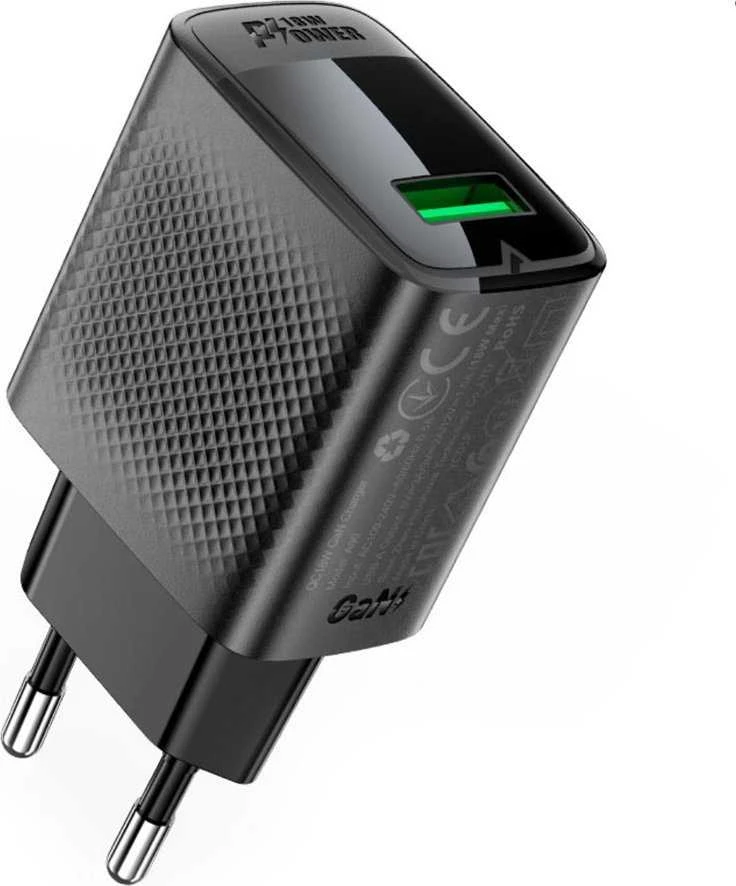Acefast A90 įkroviklis GaN USB-A QC 18W – juodos spalvos
