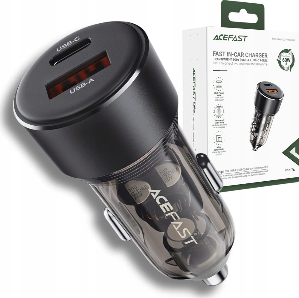 Automobilinis įkroviklis Acefast B12 60W USB-C/USB-A juodas