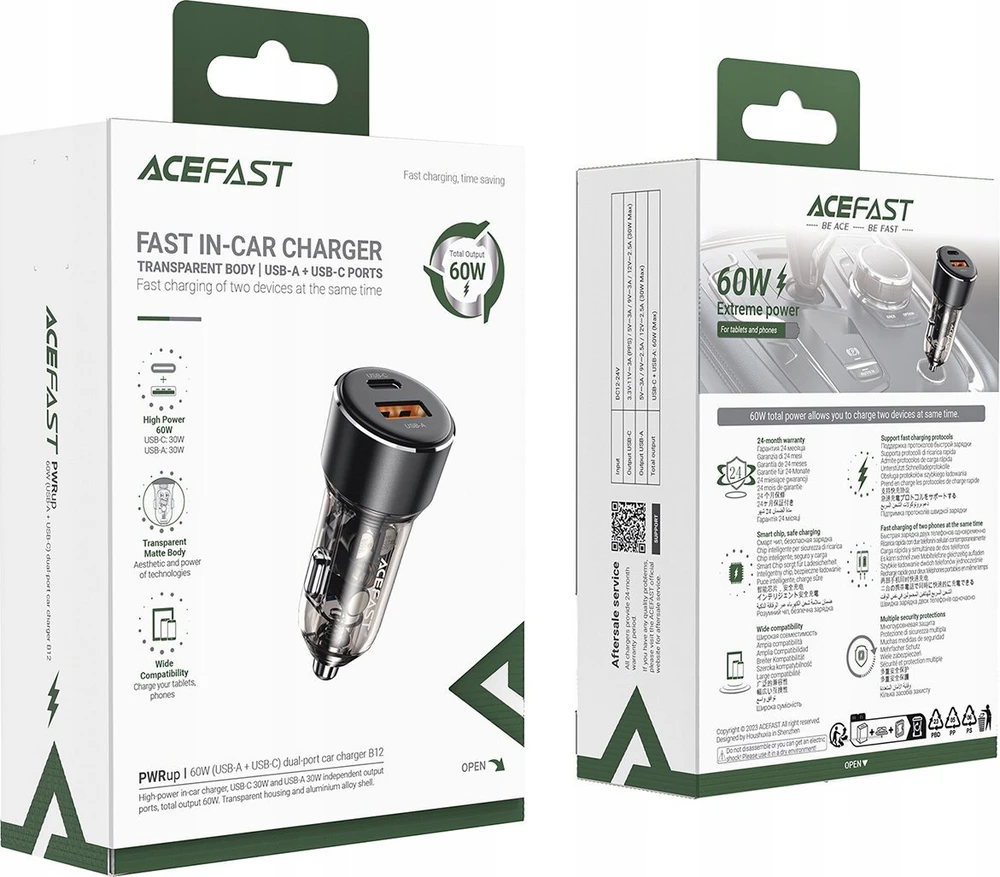 Automobilinis įkroviklis Acefast B12 60W USB-C/USB-A juodas