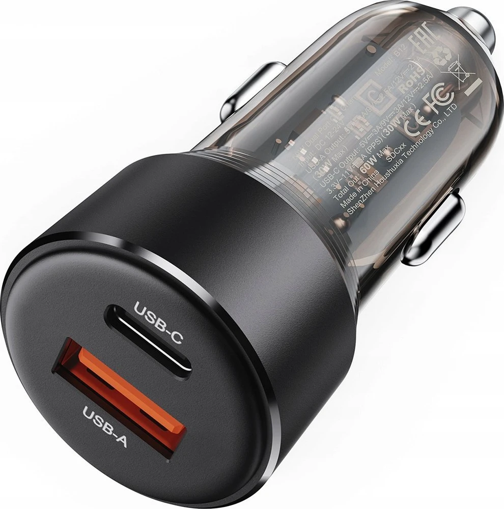 Automobilinis įkroviklis Acefast B12 60W USB-C/USB-A juodas