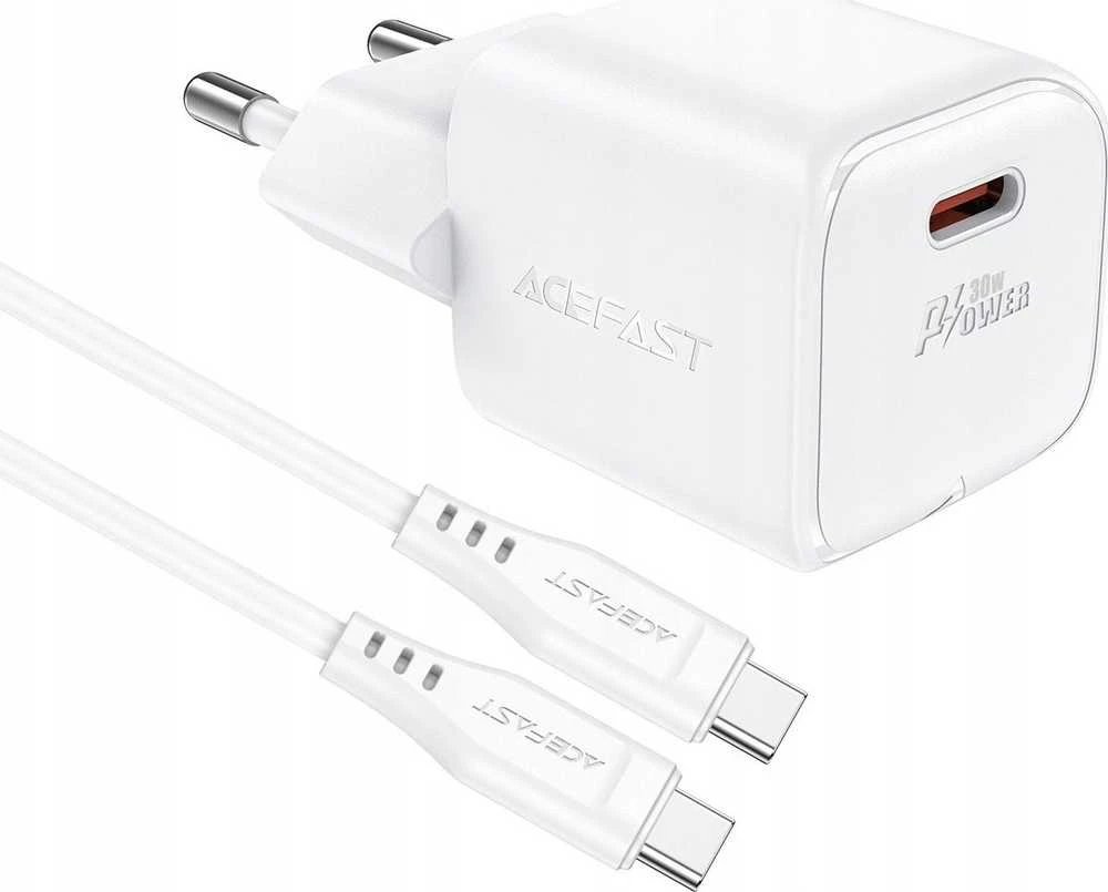 Acefast A77 Mini PD 30W GaN laidinis įkroviklis + USB-C kabelis – baltos spalvos