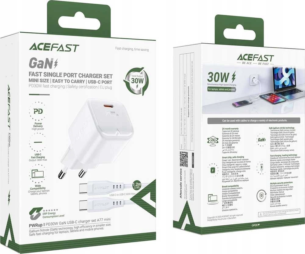 Acefast A77 Mini PD 30W GaN laidinis įkroviklis + USB-C kabelis – baltos spalvos