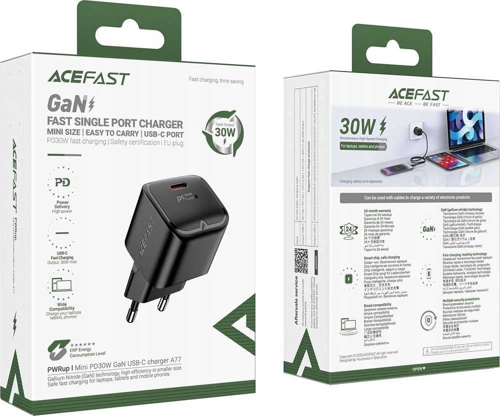 Acefast A77 Mini PD 30W GaN USB-C laidinis įkroviklis – juodos spalvos