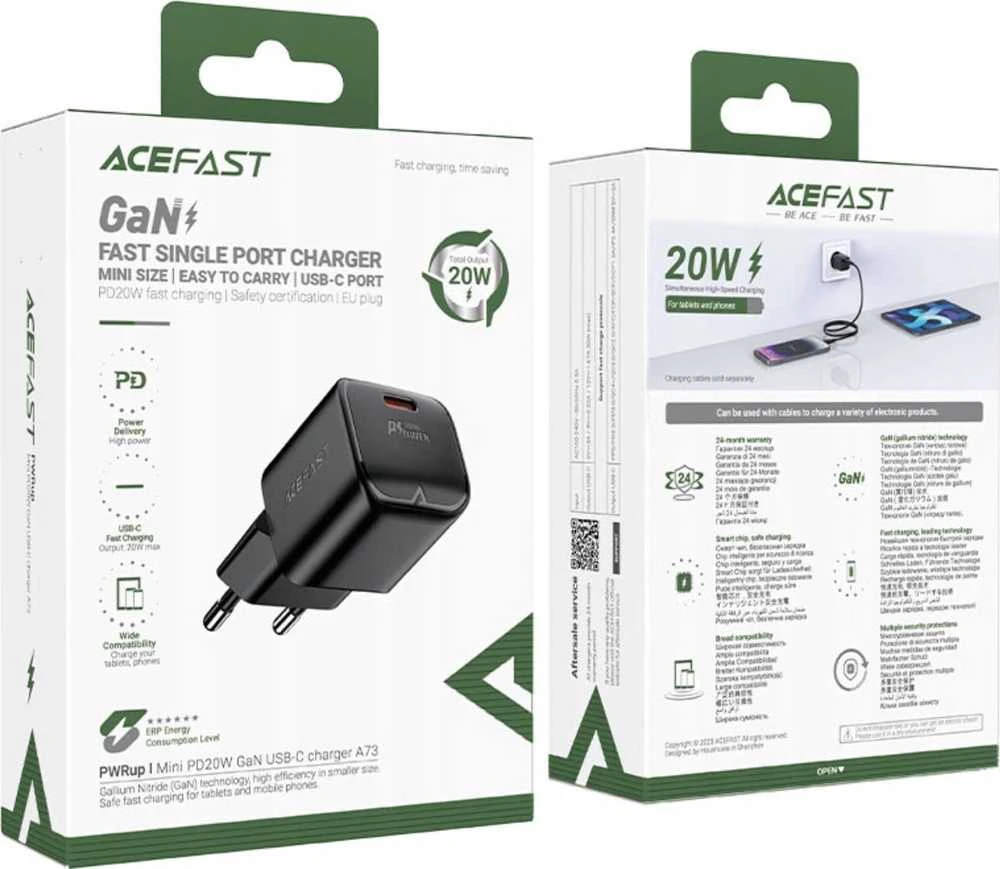 Acefast A73 Mini PD 20W GaN USB-C laidinis įkroviklis – juodos spalvos