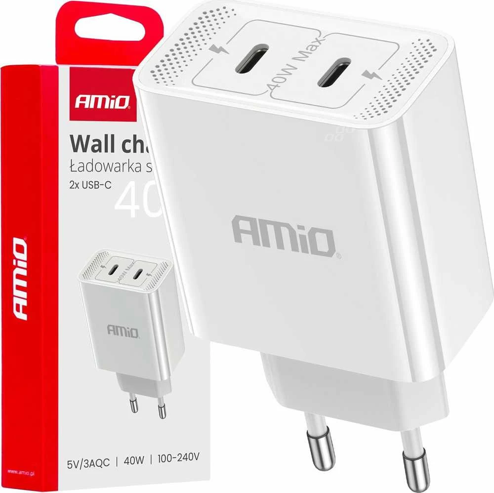 Sieninis įkroviklis 2xUSB-C 40W 230V AMIO-03892