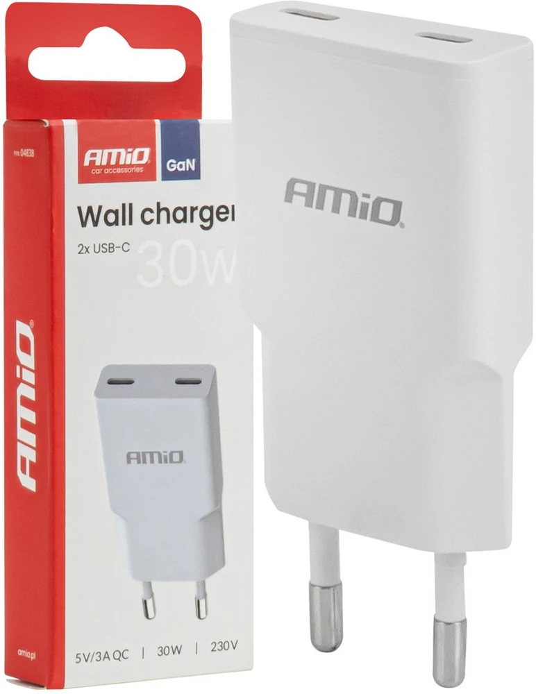 Tinklo įkroviklis 230V 30W GaN 2x USB-C AMIO-04839