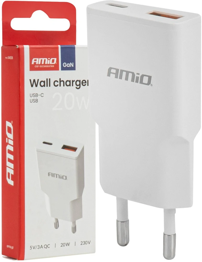 Tinklo įkroviklis 230V 20W GaN USB-C USB-A AMIO-04838