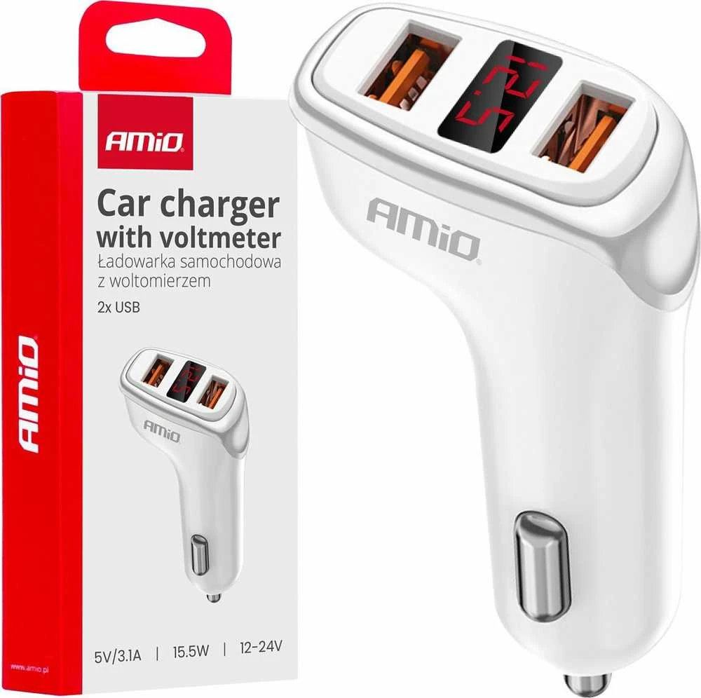 Automobilinis įkroviklis 2x USB-A + battery check 3.1A 12/24V AMiO-03887