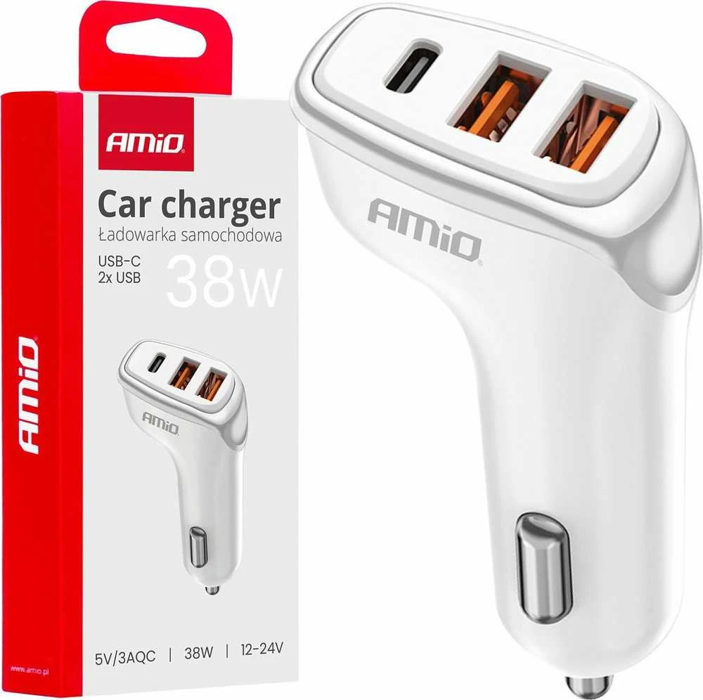Automobilinis įkroviklis 2x USB-A + USB-C 38W 12/24V AMiO-03886