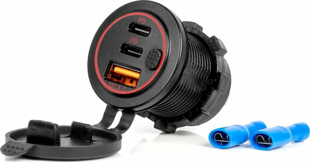 Vandeniui atsparus telefono įkroviklis su raudonu LED apšvietimu, USB + 2xUSB C QC3.0 12/24V AMIO-04227
