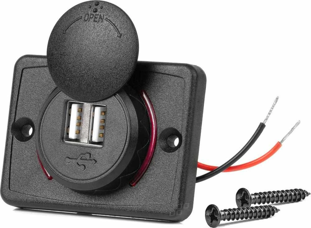 Kvadratinis atsparus vandeniui telefono įkroviklis su raudonu LED apšvietimu, 2xUSB 12/24V AMIO-04230