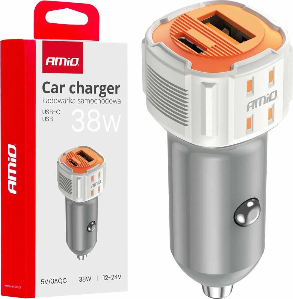 Automobilinis įkroviklis USB-A + USB-C 38W 12/24V AMiO-03883