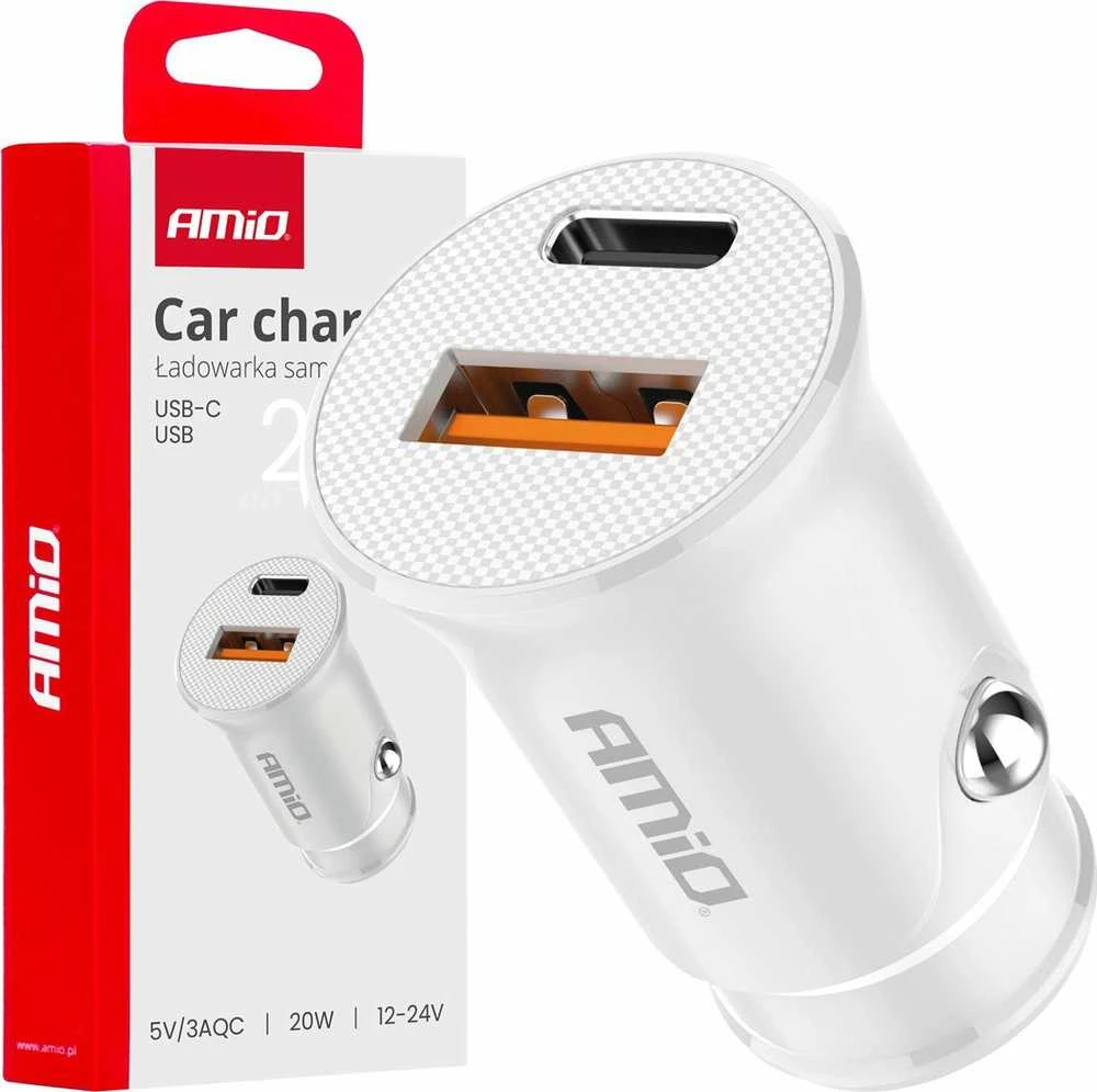 Automobilinis įkroviklis USB-A + USB-C 20W 12/24V AMiO-03877