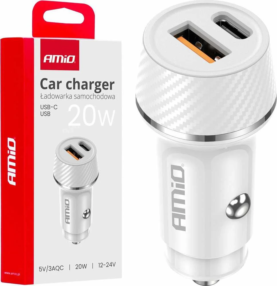 Automobilinis įkroviklis USB-A + USB-C 20W 12/24V AMiO-03878