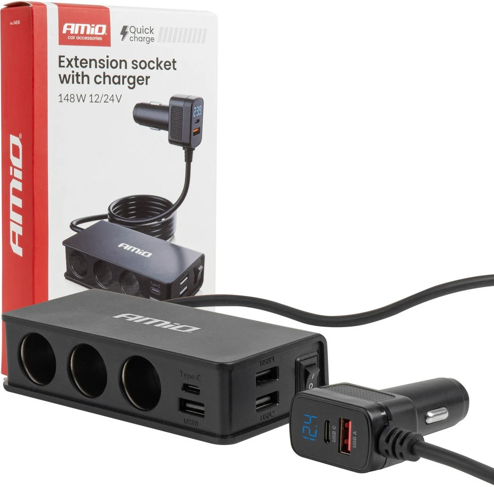Lizdo skirstytuvas 12/24V su 3x USB-A, USB-C, QC3.0, PD3.0 148W AMIO-04836