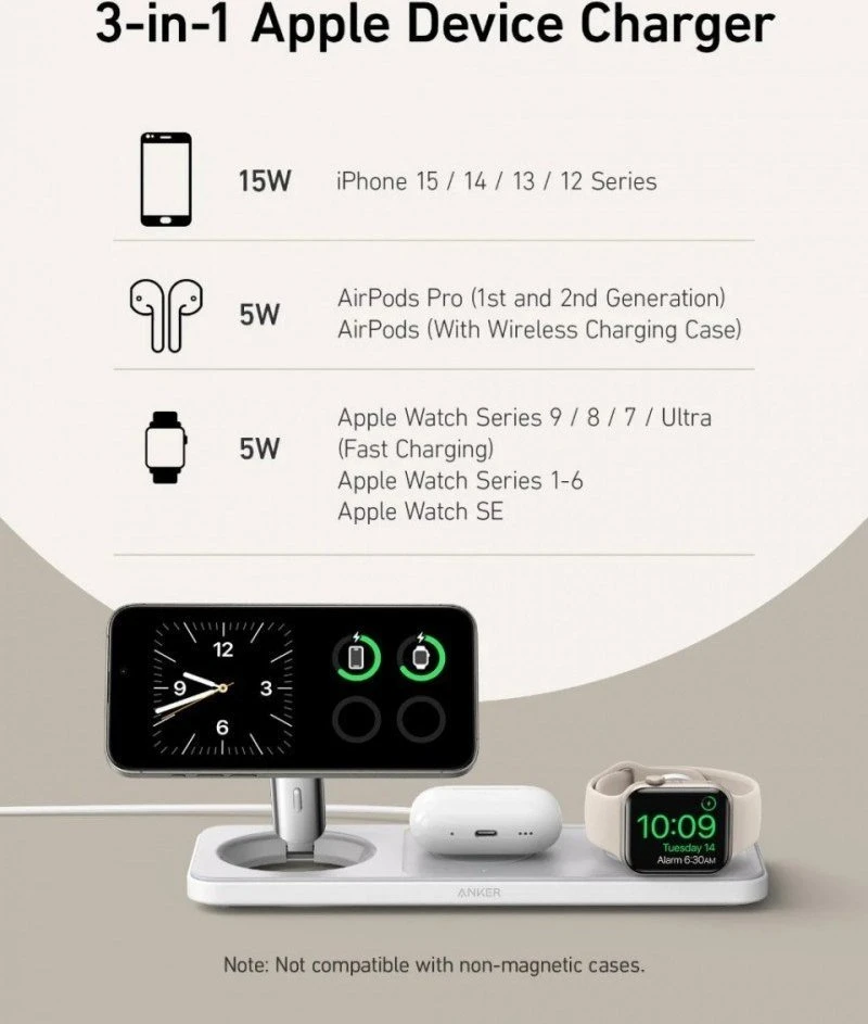 Anker MagGo 15W 3-in-1 horizontali magnetinė stotis Baltas