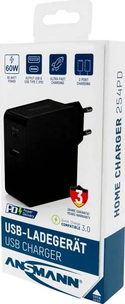 Ansmann namų įkroviklis 254PD 1xUSB 1xUSB Type-C PD 60W 4700mA