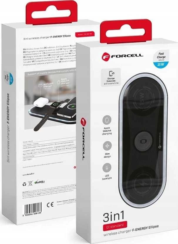 FORCELL F-ENERGY Ellipse belaidis įkroviklis 3in1 compatible with Apple Qi QC 15W juodas