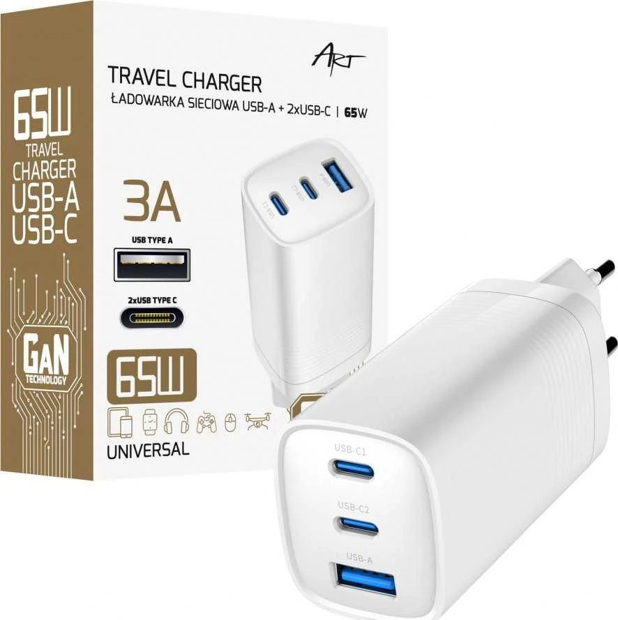 Įkroviklis Art GaN PD/QC 4.0 AZ-U65W3 Tinklinis 1x USB-A 2x USB-C 65 W (SLA FLASH2)
