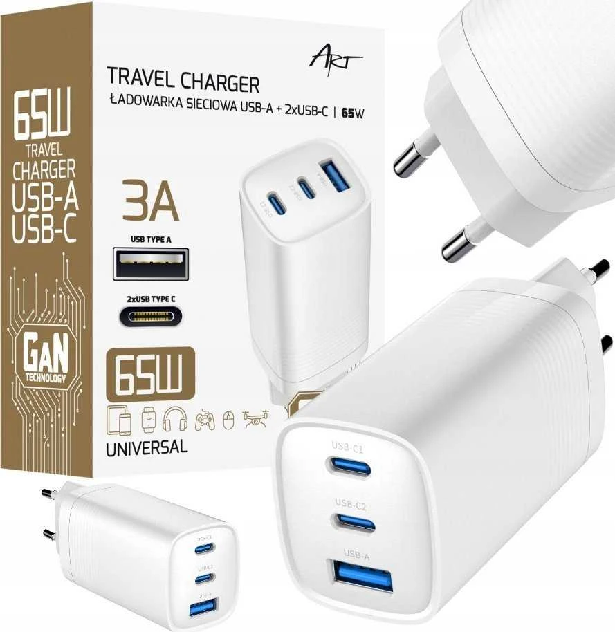 Įkroviklis Art GaN PD/QC 4.0 AZ-U65W3 Tinklinis 1x USB-A 2x USB-C 65 W (SLA FLASH2)