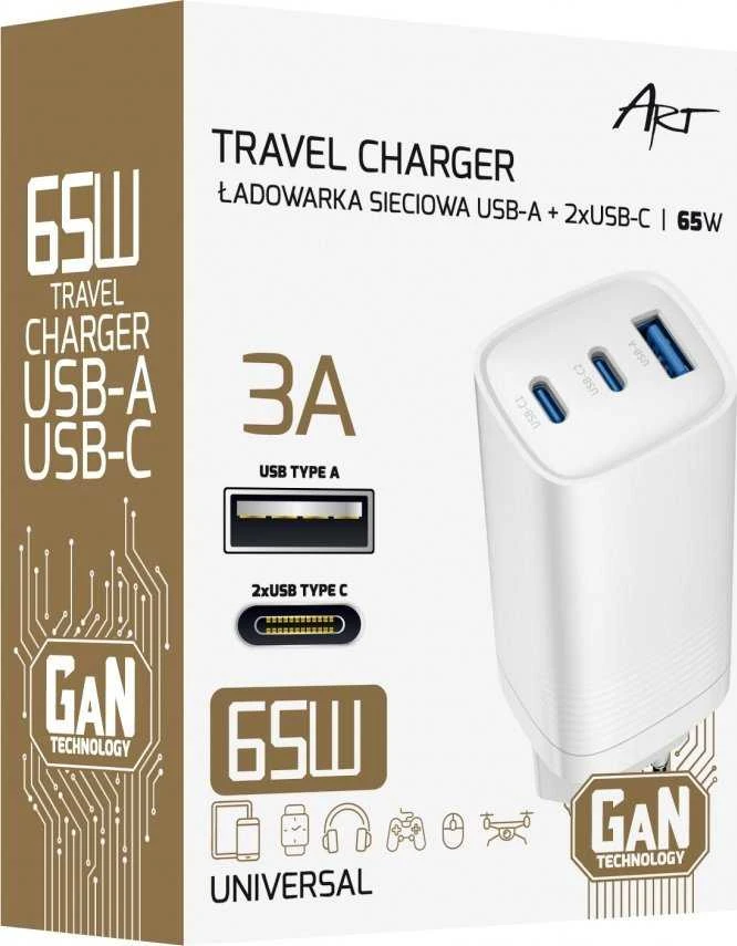 Įkroviklis Art GaN PD/QC 4.0 AZ-U65W3 Tinklinis 1x USB-A 2x USB-C 65 W (SLA FLASH2)