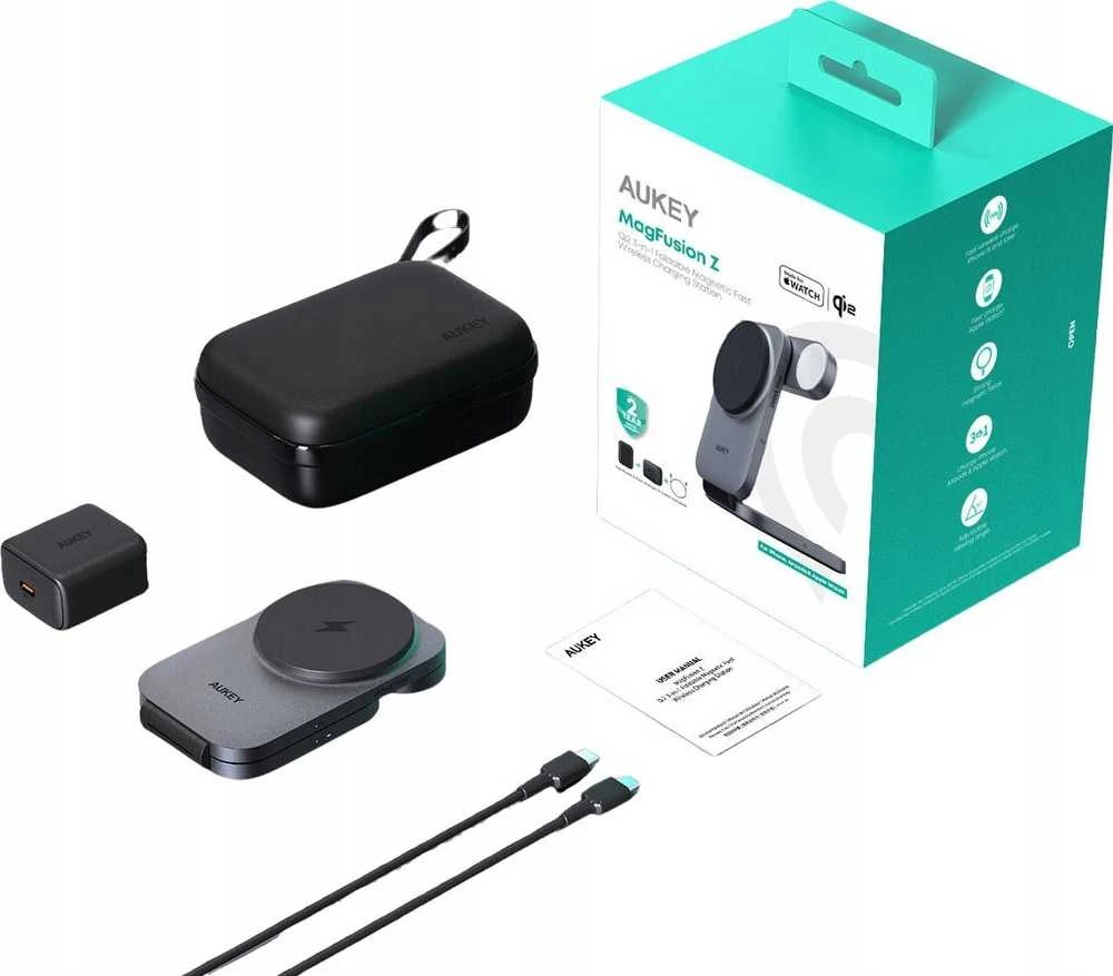 Magnetinis belaidis įkroviklis 3 viename MagFusion Aukey LC-MC312, 15 W Qi2 (pilka)