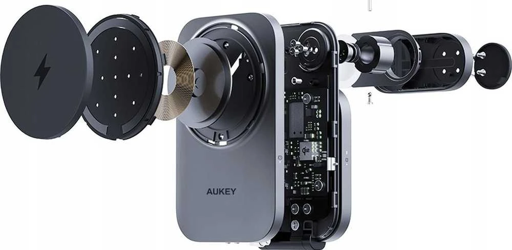 Magnetinis belaidis įkroviklis 3 viename MagFusion Aukey LC-MC312, 15 W Qi2 (pilka)