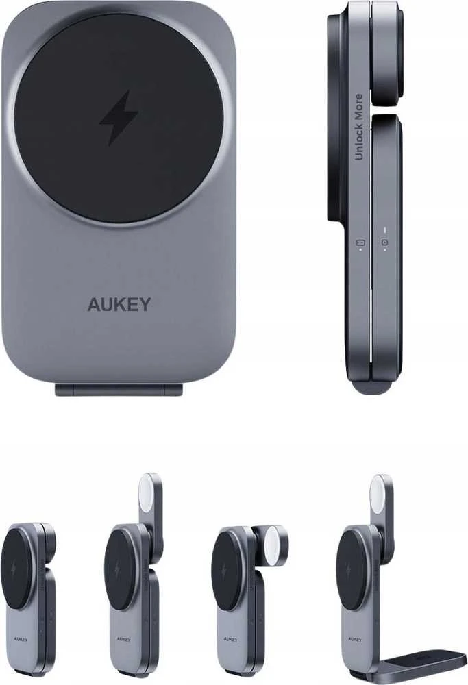 Magnetinis belaidis įkroviklis 3 viename MagFusion Aukey LC-MC312, 15 W Qi2 (pilka)