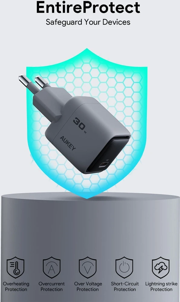 Įkroviklis Aukey Comet Mini Adapteris 1x USB-C 30 W Pilka (PA-C1)
